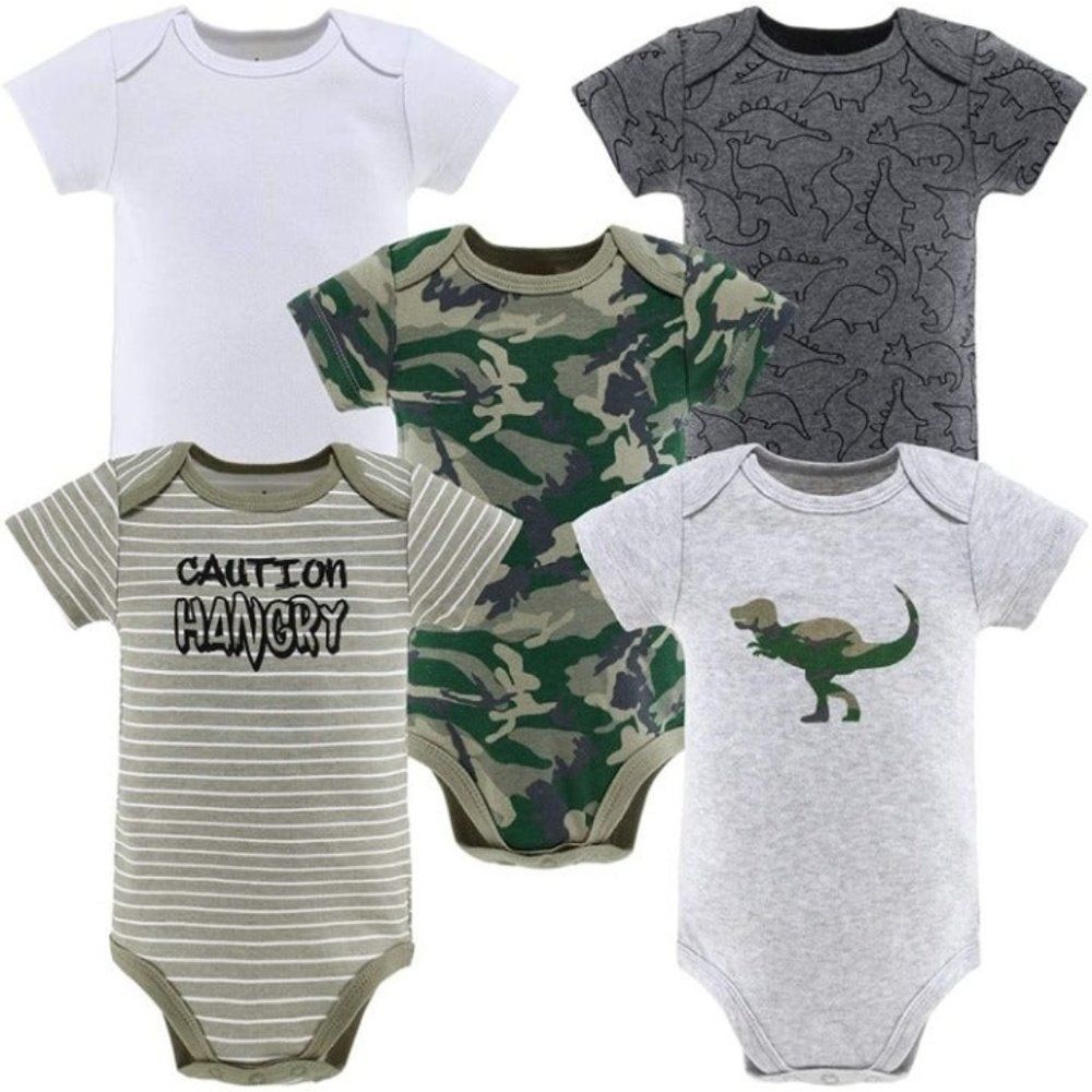 5 Set Baby Boy Bodysuits Short Sleeve Camo Dinosaurs  12M